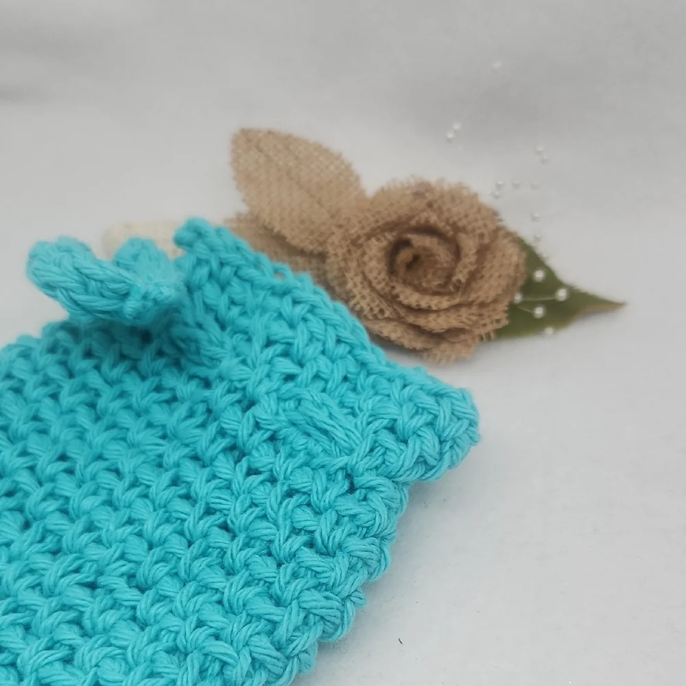 Handmade Turquoise Crochet Pouch Soap Sack Bag , Eco-Friendly 100% Cotton